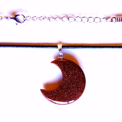 CRESCENT MOON PENDANT IN COPPER GOLDSTONE ON WAXED CORD.   SPR13969PEND