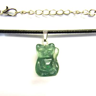 Gemstone & Waxed Cord Necklace Featuring A Carved Waving Cat Pendant In Fluorite.   SPR16099PEND