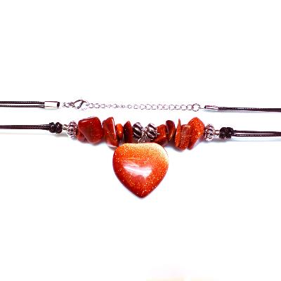 Chip & Bead Necklace Featuring Copper Goldstone & Silver Plated Beads And a Heart Pendant On Black Cord.   SPR16980NEC