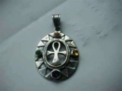 Silver Ankh Pendant with 4 Gemstones. PendROW