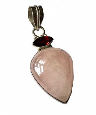 Rose Quartz with facet Garnet Indian pear shaped Silver pendant 4.3cm-5cm. PENRQGAR01