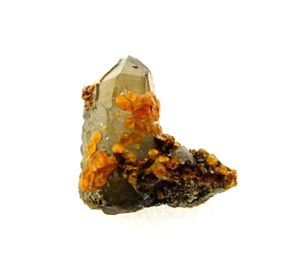 SPESSARTINE GARNET CRYSTALS ON SMOKEY QUARTZ.   SP11061