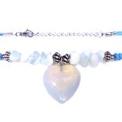 Chip & Bead Necklace Featuring Opalite & Silver Plated Beads And a Heart Pendant On Blue Cord.   SPR16976NEC