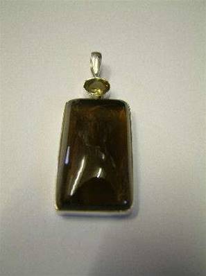 Smoky Quartz with facet Green Tourmaline Indian Silver pendant.   PURJEW33