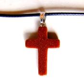 CROSS PENDANT IN COPPER GOLDSTONE ON WAXED CORD.   SPR13963PEND