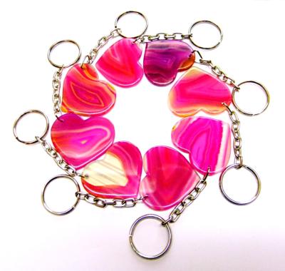 PINK DYED AGATE SLICE KEYRINGS IN HEART SHAPE.   SPR14388POL