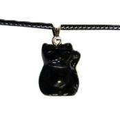 Gemstone & Waxed Cord Necklace Featuring A Carved Waving Cat Pendant In Black Obsidian.   SPR16119PEND