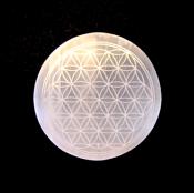 SELENITE / SATIN SPAR ROUND MANDALA ETCHED CHARGING PLATE.   SPR14027POL