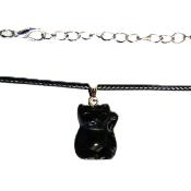 Gemstone & Waxed Cord Necklace Featuring A Carved Waving Cat Pendant In Black Obsidian.   SPR16119PEND