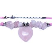 Chip & Bead Necklace Featuring Rose Quartz & Silver Plated Beads And a Heart Pendant On Pink Cord.   SPR16979NEC