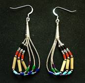 MULTI COLOURED BAMBOO & BEAD THREE STRAND EARRINGS. 431E