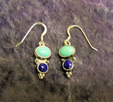 SILVER WITH TURQUOISE AND LAPIS LAZULI PENDANT STYLE EARRINGS. 630E