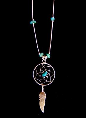 NATIVE AMERICAN SILVER WITH TURQUOISE DREAMCATCHER NECKLACE.   717N