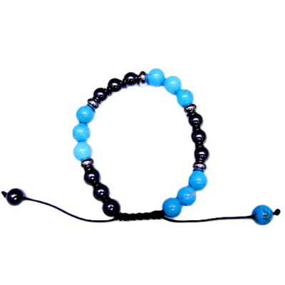 Drawstring Blue Howlite With Hematite Power Bead Bracelet featuring silver plated beads.   SPR16893BR