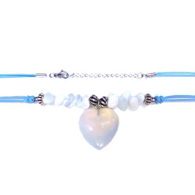 Chip & Bead Necklace Featuring Opalite & Silver Plated Beads And a Heart Pendant On Blue Cord.   SPR16976NEC