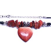 Chip & Bead Necklace Featuring Copper Goldstone & Silver Plated Beads And a Heart Pendant On Black Cord.   SPR16980NEC