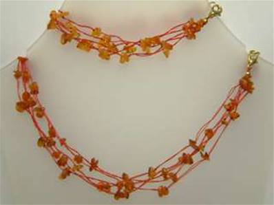 CARNELIAN THREADED GEM CHIP 18" NECKLACE & 7" BRACELET TWO PIECE SET. SPR995