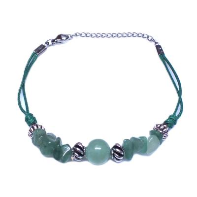 Chip & Bead Bracelet Featuring Green Aventurine & Silver Plated Beads On A Green Cord.   SPR16978BR