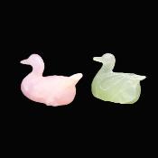 A Pair of Gemstone Duck Carvings in Rose Quartz and New Jade.   SP16382POL