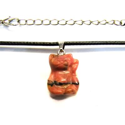 Gemstone & Waxed Cord Necklace Featuring A Carved Waving Cat Pendant In Rhodonite.    SPR16102PEND