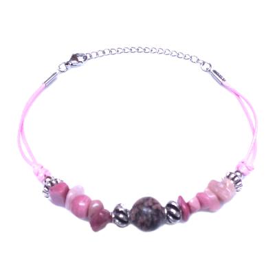 Chip & Bead Bracelet Featuring Rhodonite & Silver Plated Beads On A Pink Cord.   SPR16982BR