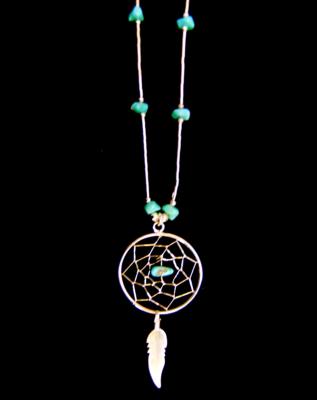 NATIVE AMERICAN SILVER WITH TURQUOISE DREAMCATCHER NECKLACE.   094N