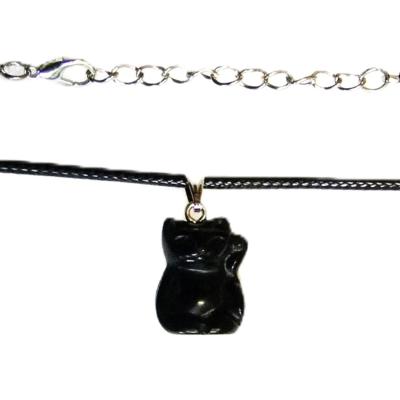 Gemstone & Waxed Cord Necklace Featuring A Carved Waving Cat Pendant In Black Obsidian.   SPR16119PEND