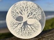 SELENITE / SATIN SPAR YIN YANG TREE  ETCHED CHARGING PLATE.   SPR15090POL