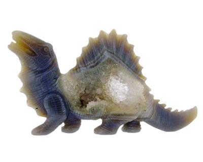 Spinosaurus Dinosaur Sculpture Carved  From A Blue Agate With Quartz Geode.   SP16603SLF