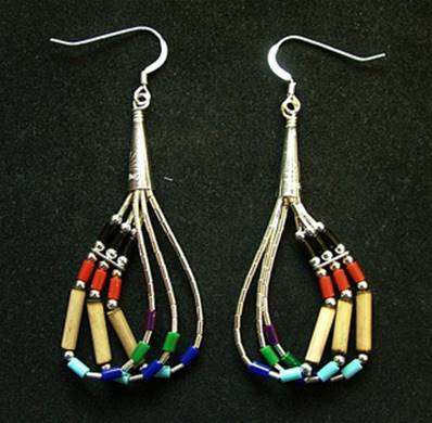 MULTI COLOURED BAMBOO & BEAD THREE STRAND EARRINGS. 431E