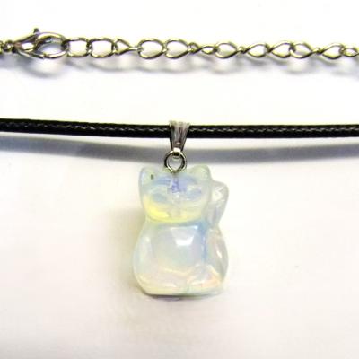 Gemstone & Waxed Cord Necklace Featuring A Carved Waving Cat Pendant In Opalite.    SPR16100PEND