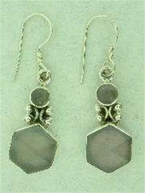 ROSE QUARTZ 925 SILVER EARRINGS WITH HEXAGONAL SHAPE CAB AND A SMALLER ROUND CAB SET IN AN ORNATE