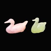 A Pair of Gemstone Duck Carvings in Rose Quartz and New Jade.   SP16382POL