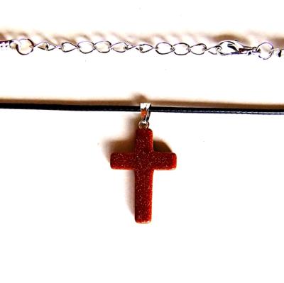 CROSS PENDANT IN COPPER GOLDSTONE ON WAXED CORD.   SPR13963PEND