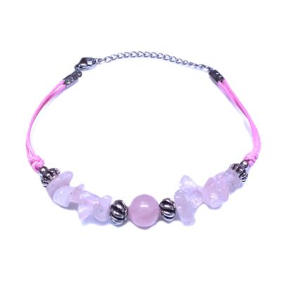 Chip & Bead Bracelet Featuring Rose Quartz & Silver Plated Beads On A Pink Cord.   SPR16979BR