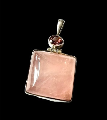 Rose Quartz with facet pink tourmaline  Square Indian Silver pendant 3.7-4.5cm inc bail Square/Rectangle. PENRQGAR02